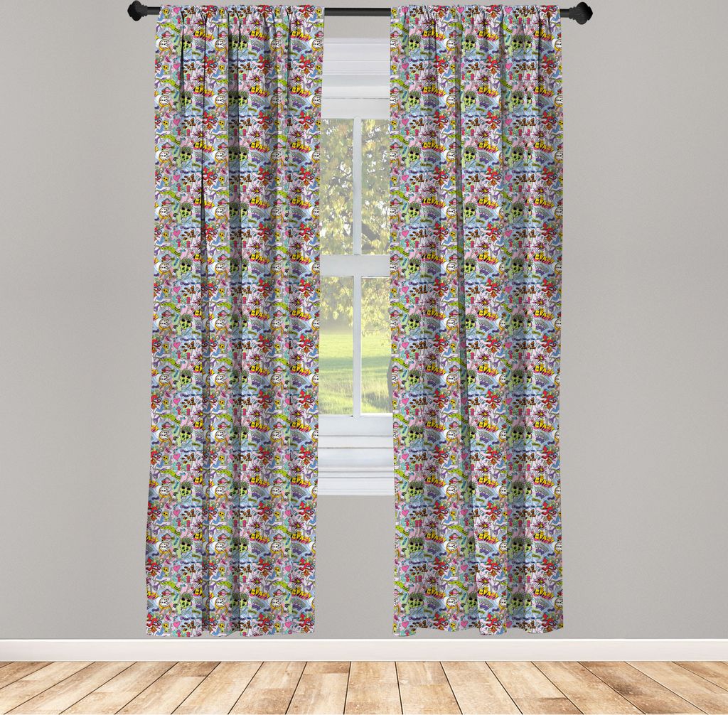 ABAKUHAUS Kunst Vorhänge, Gardinen, Hip-Hop inspirierte bunte Graffiti-Gekritzel-verrückter Liebes-Zeit-kühler Schädel-Straßen-Kunst-Druck, 2 ...