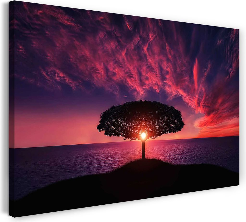 Leinwandbild (120x80cm): Landschaftsbilder Baum im Meer vor wunderschönem Farbspiel am Himmel, echter Holz-Keilrahmen inkl. Aufhänger, handgefert...