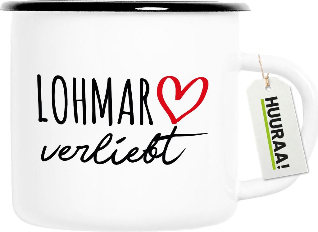 Huuraa Emaille Tasse Lohmar verliebt 300ml Vintage Campingbecher Geschenkidee