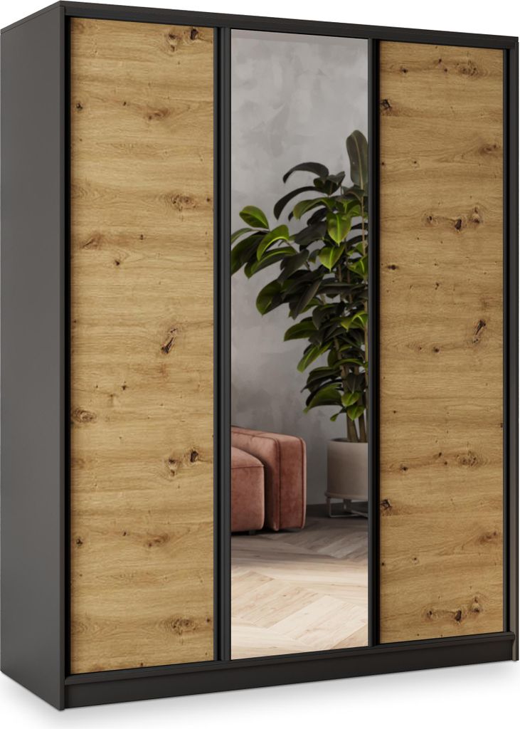 Masseno Schiebetürenschrank SORE 150/205/58 cm Kleiderschrank mit 4 Schubladen Schlafzimmer Schrank 3-türig mit Spiegel Schwarz / Eiche Artisan