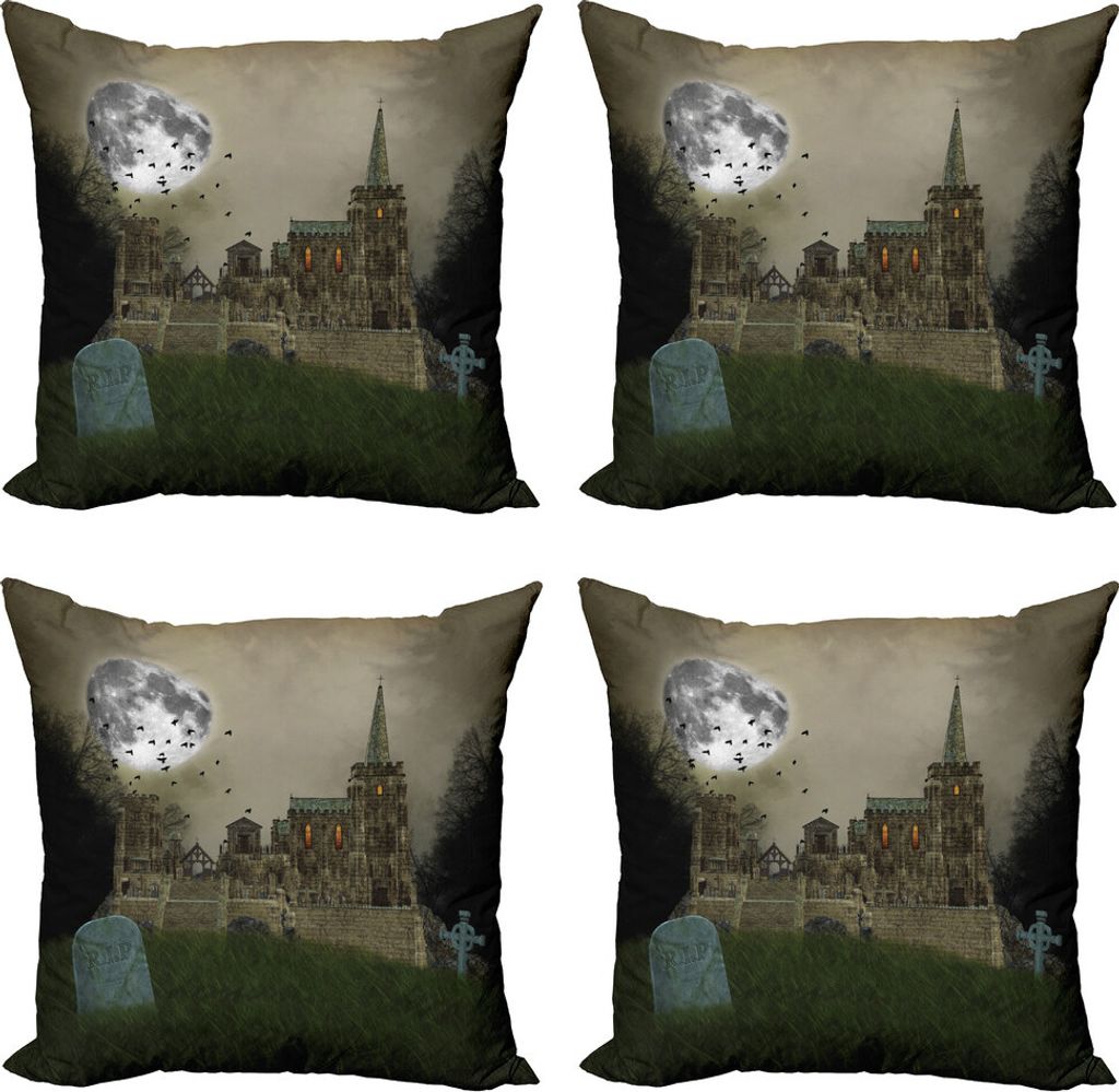 ABAKUHAUS gotisch Kissenbezug Set (4 Stück), Altes Dorf und Grave, Moderner Doppelseitiger Digitaldruck, 40 cm x 40 cm, beige Grün