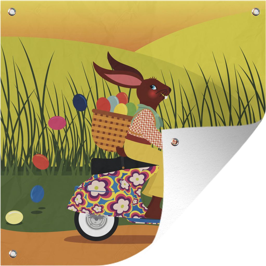 MuchoWow 50x50 cm Outdoor-Poster Gartendeko Sichtschutz Garten Poster für den Garten Illustration des Osterhasen auf einer Vespa