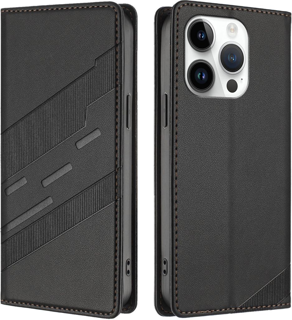 Hülle für iPhone 15 Pro, Kunstleder Brieftaschen Handyhülle mit Kartenfach und Standfunktion Schwarz