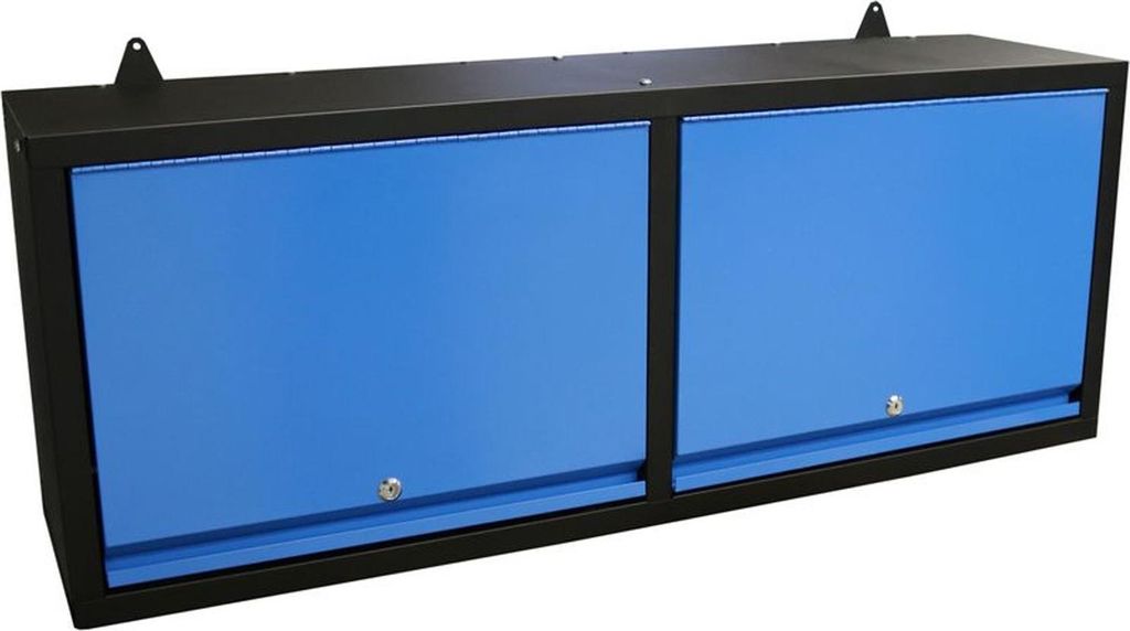 A wall-mounted cabinet with two blue doors.