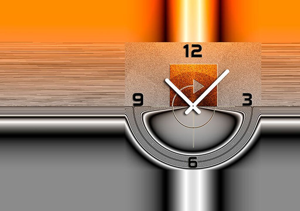 6100 "ORANGE HALF" Dixtime Designer Wanduhr, Wanduhren, stilvolle Luxusuhr, orange silber 50cm x 70cm