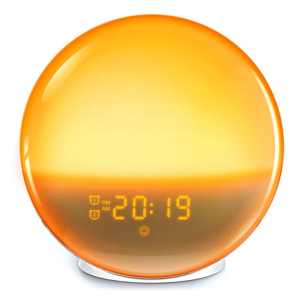 A sunrise alarm clock with a digital display showing the time.
