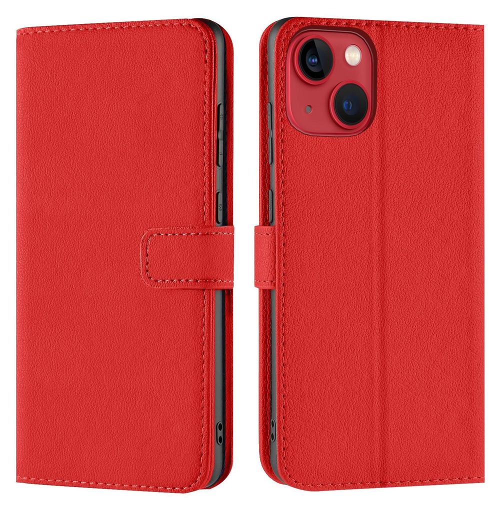 A red book-style phone case for an iPhone 13 is shown from the front and back.