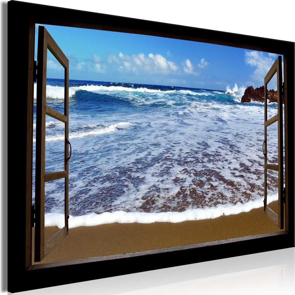 Modernes Wandbild Fensterblick 90x60 - 1 Teile Bilder Fotografie auf Vlies Leinwand Foto Bild Dekoration Wand Bilder Kunstdruck Strand Meer Landsch...