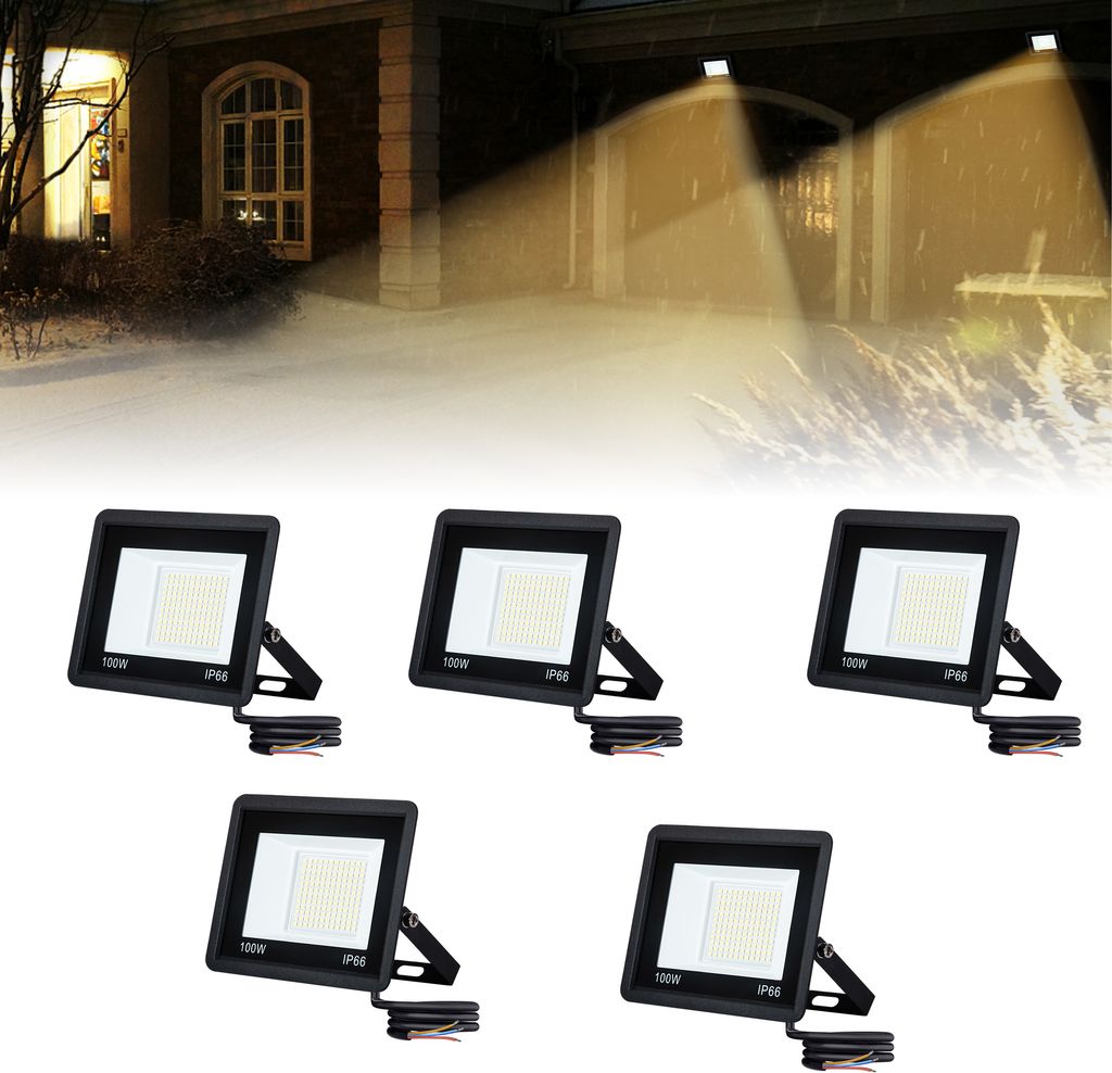 A collage featuring a scene of outdoor lighting at night and multiple product shots of LED floodlights.