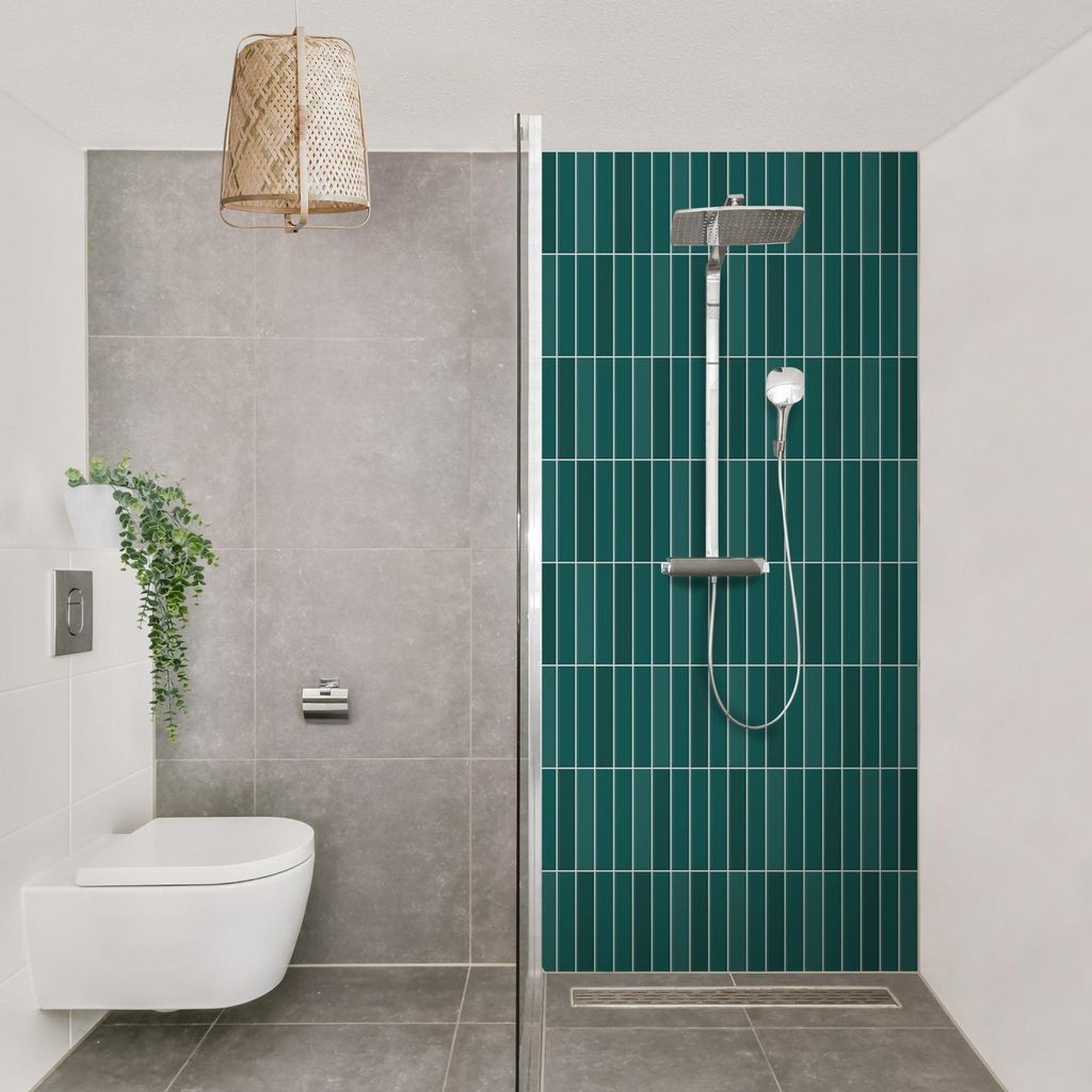 Duschrückwand mit Motiv selbstklebend - 0.61 mm Wandpaneel wasserfest Design petrol Fliesenoptik Unifarben Badrückwand fugenlos Premium matt 90x...