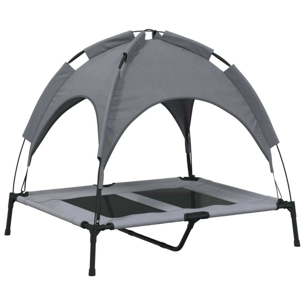 A gray dog bed with a canopy, shown against a white background.