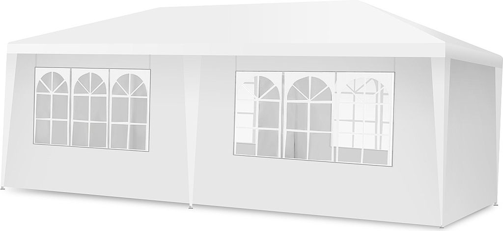 A white party tent with arched windows.