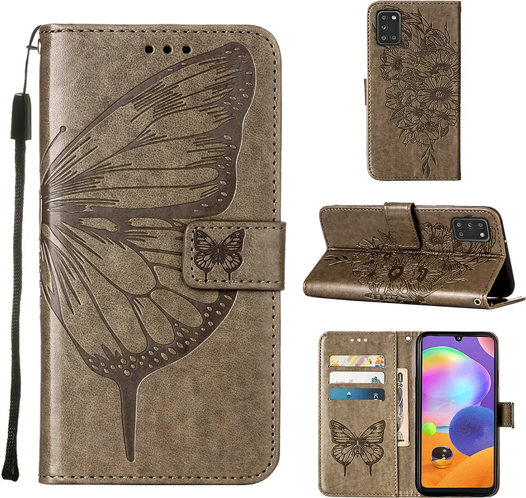 Galaxy A31 Case, Butterfly Relief Flip Custodia in pelle con slot per schede e supporto per Samsung Galaxy A31 Grigio