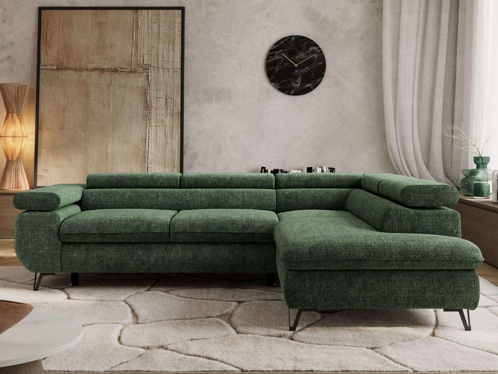 Couch mit Schlaffunktion L-form Ecksofa Wohnzimmersofa mit Einstellbare Kopfstützen - PABLO L - Schenille grob - Dunkelgrün - Rechts