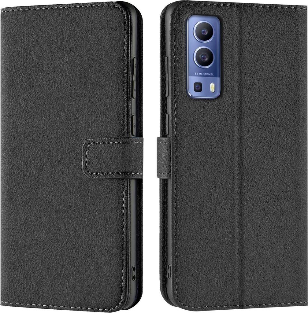 Conie Klapp Tasche für Vivo Y72 5G Kartenfach Rundumschutz Hülle in Schwarz