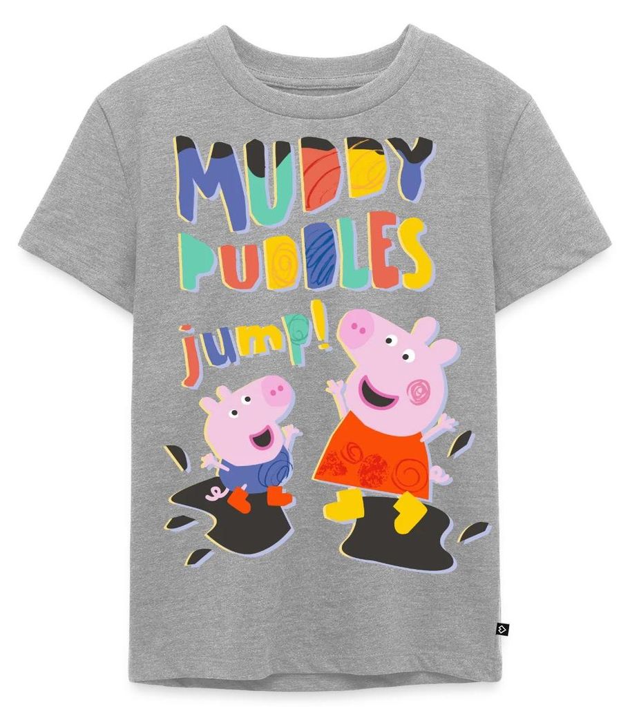 Spreadshirt Peppa Wutz Matschepampe Muddy Puddles Schorsch Kinder Premium T-Shirt, 122/128 (6 Jahre), Grau meliert