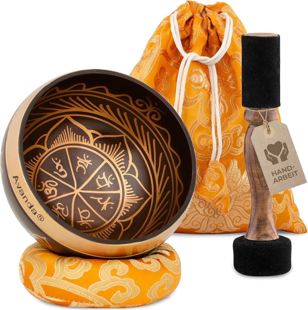 Tibetische Klangschalen-Set Chakra für Yoga, Meditation und Entspannung - handbemalte Klangschale - 10 cm - doppelseitiger Hammer - Filz und Leder...