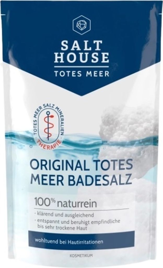 A pouch of Salthouse Original Totes Meer bath salt with water and salt crystals depicted.