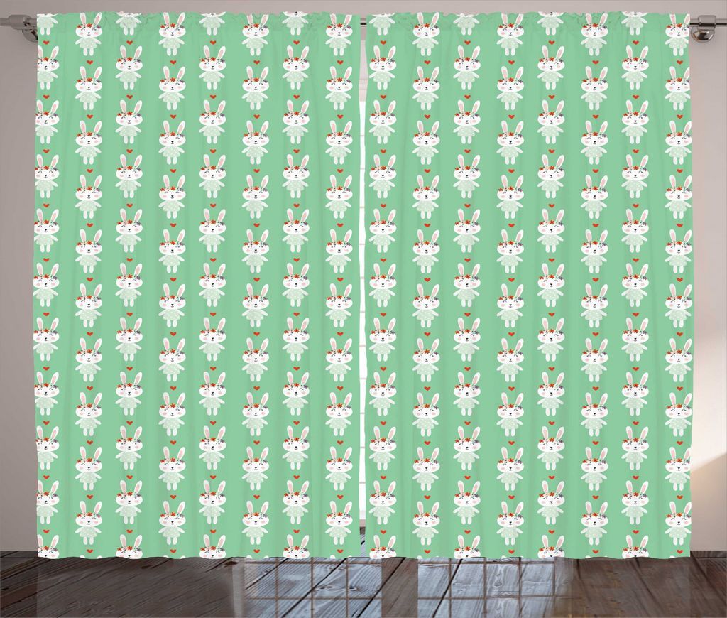 ABAKUHAUS Hase Rustikaler Gardine, Nette Kaninchen Blumen-Herz, Schlafzimmer Kräuselband Vorhang mit Schlaufen und Haken, 280 x 225 cm, Hellgrün ...