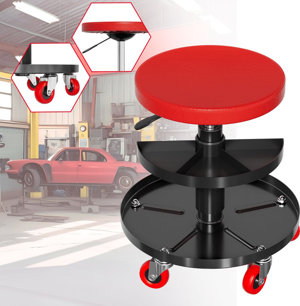 LZQ Werkstatthocker, 130 kg belastbar, Werkstattsitz 41-54cm Höhenverstellbar, Arbeitshocker mit Rollen, Garagenhocker Montagehocker Rollhocker, Rot