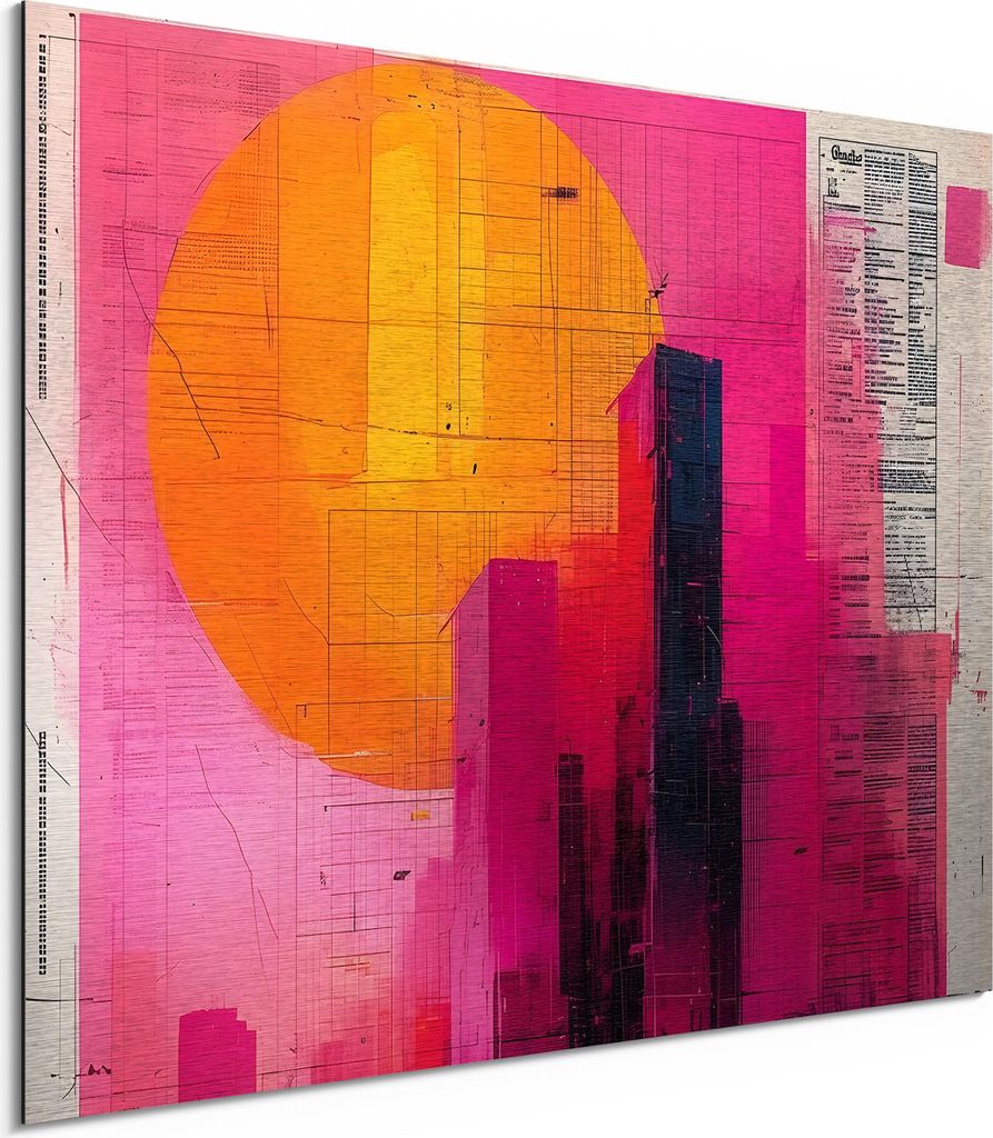 DEQORI Alu-Dibond Bild Silber 80x60 cm 'Der Cyber Sunset' Wandbild Metall dünn Design