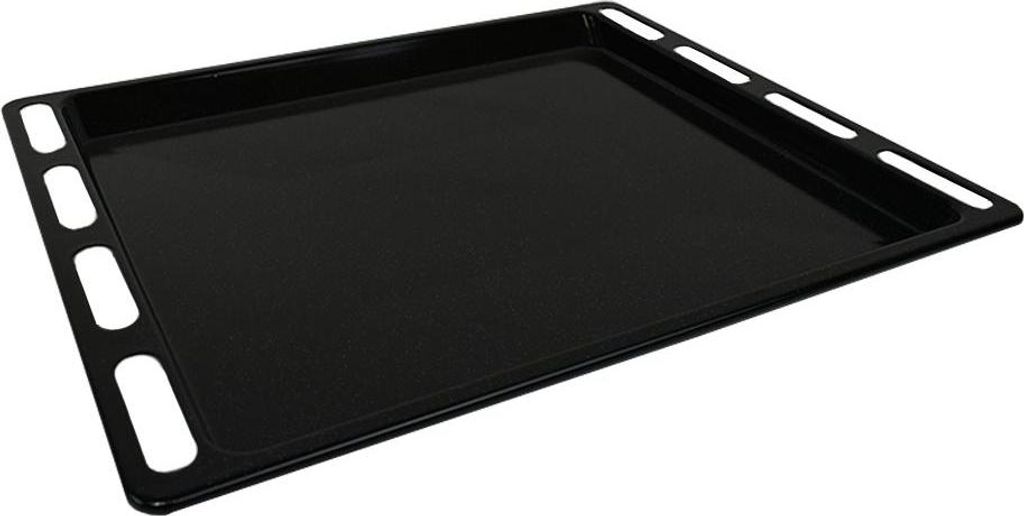 A black baking tray shown from a diagonal angle against a white background.