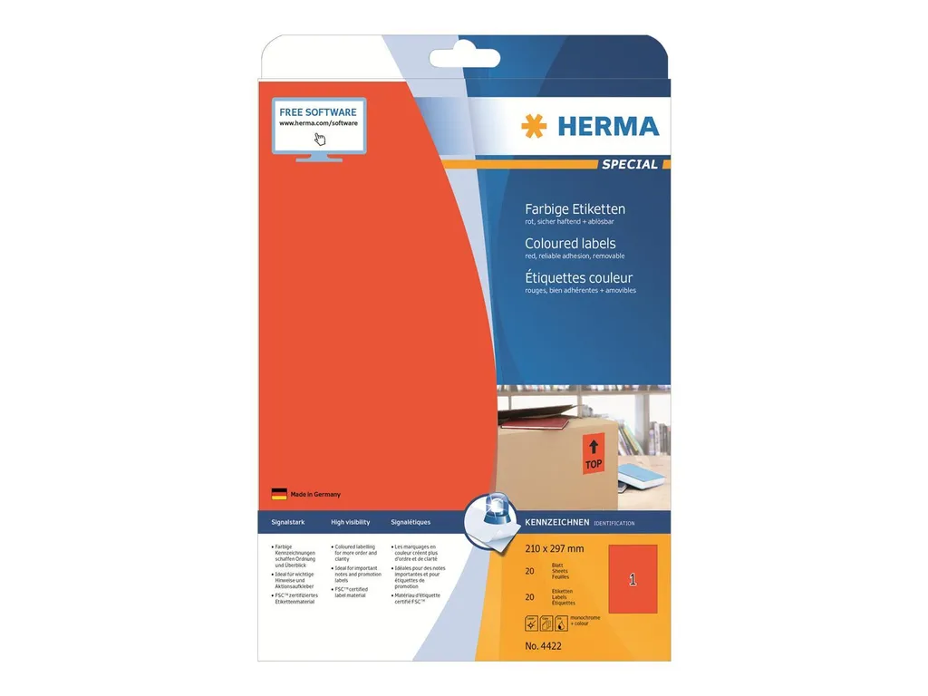 HERMA 4422 Etichette Adesive Rosse A4 Opache Rimovibili - Pack 20
