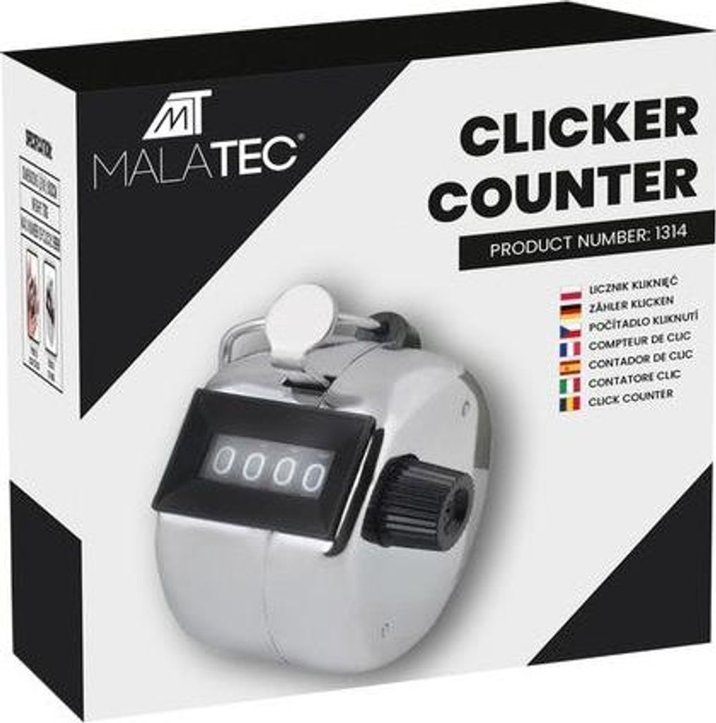 The image shows the retail packaging of a clicker counter, with the product itself partially visible.