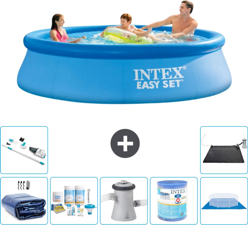 Intex runder aufblasbarer Easy Set-Pool – 305 x 76 cm – Blau – im Lieferumfang enthalten Sonnensegel - Wartungspaket - Filterpumpe für Schwi...