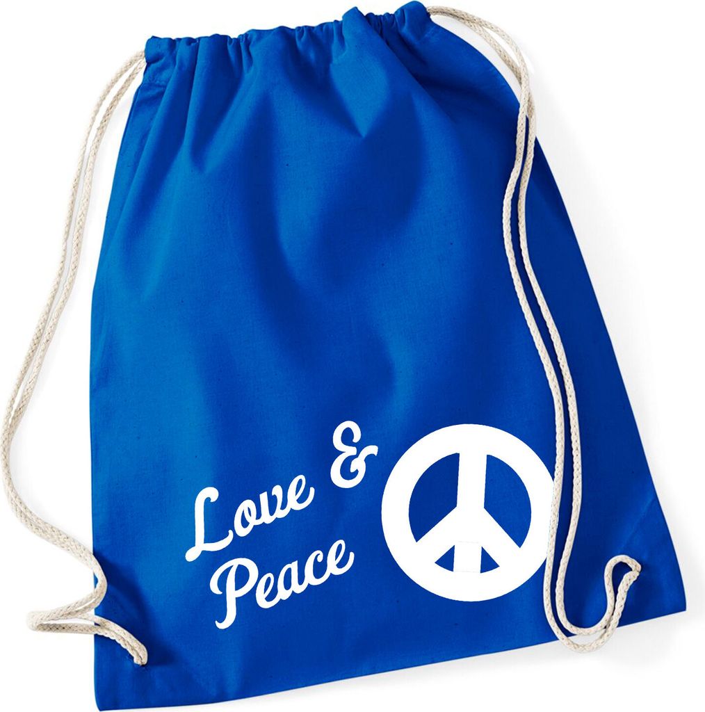 Huuraa Turnbeutel Love & Peace 12 Liter Bright Royal Baumwolle Rucksack Geschenkidee