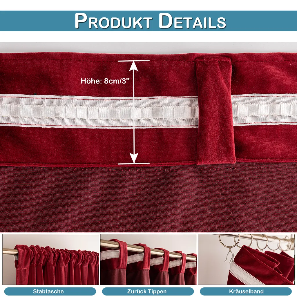 Tende Oscuranti Velluto Rosso L132xH213 cm - Set 2 Pezzi Termici - 5