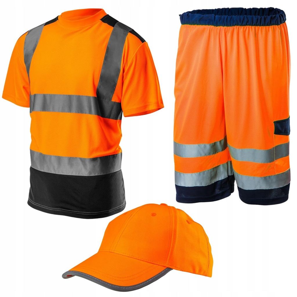NEO TOOLS Warnschutz Shorts Herren Mesh - oder Set mit T-Shirt und Kappe - Gelb/Orange Gr. S(48)-XXL(58 - | Reflektierende Zonen | Gr. S