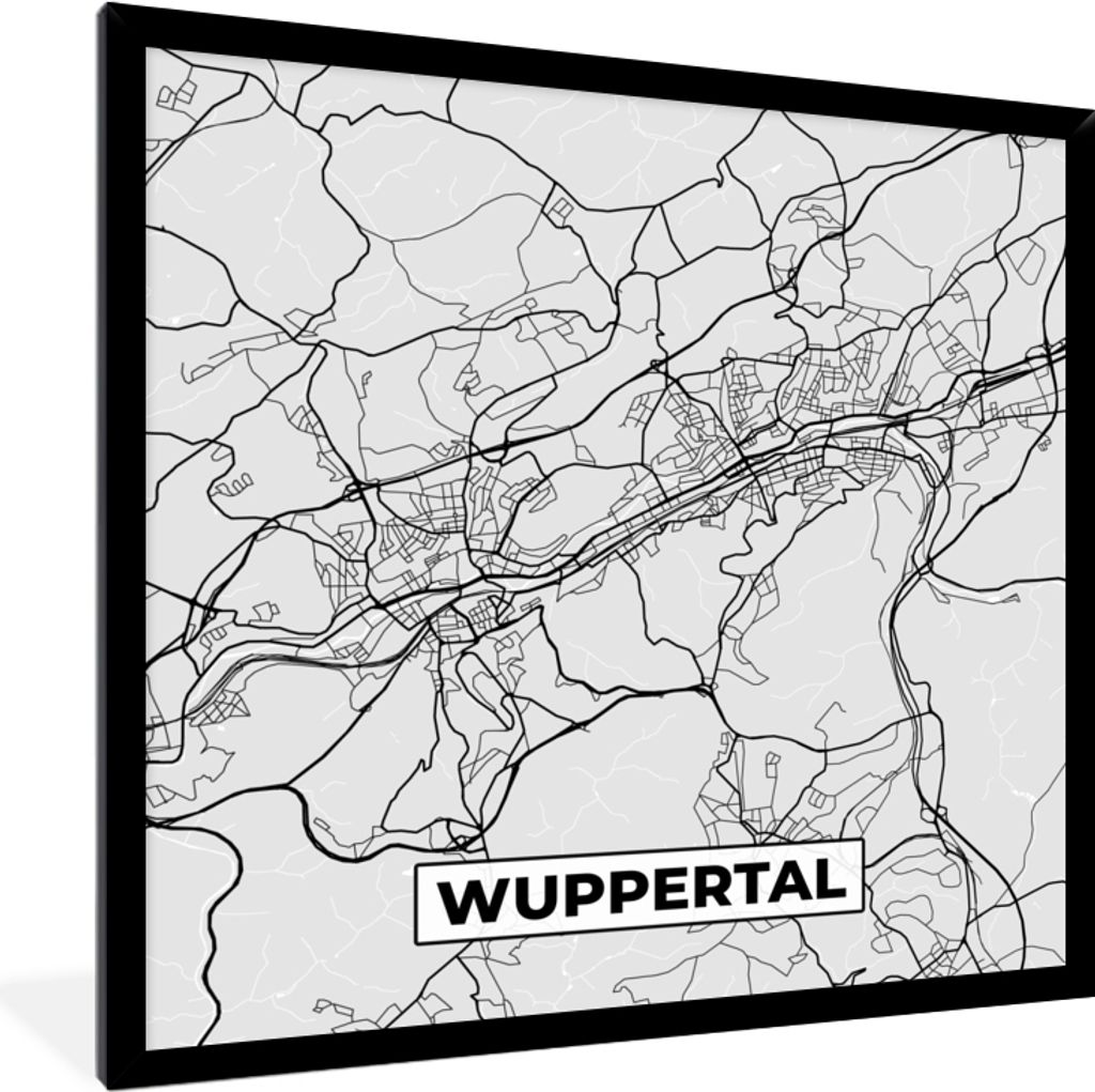 MuchoWow Gerahmtes Poster Karte - Wuppertal- Karte - Deutschland - Stadtplan 40x40 cm - Poster mit Schwarzem Bilderrahmen Wandposter Rahmen Foto ...