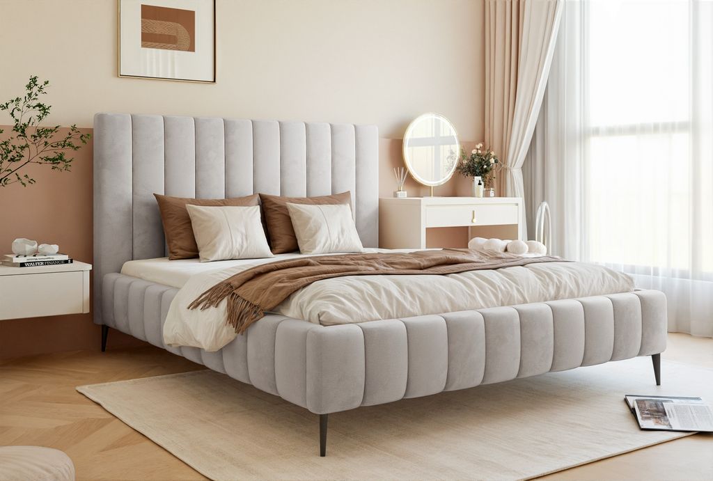 Besilio Möbel - Doppelbett 140x200 Tina II Slim Samtstoff - Designer-Bett mit Lattenrost, Kopfteil & Bettkasten - Hellgrau & Velluto 15