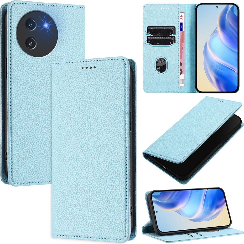 Litchi Leder Handyhülle für Doogee Note 59 / Note 59 Pro Wallet Kartenfächer Standfunktion Hülle Hellblau