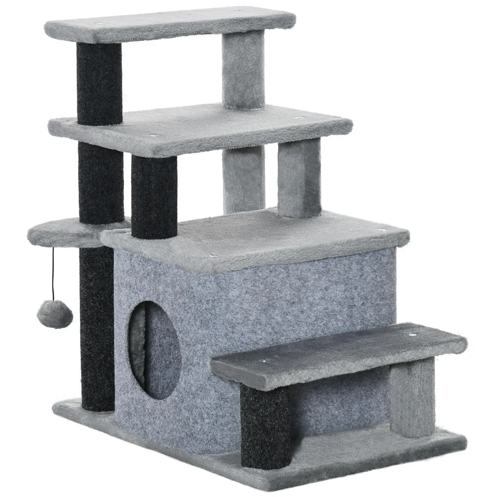 Aide à la mobilité pour chat âgé avec escalier 4 marches et jouet intégré
