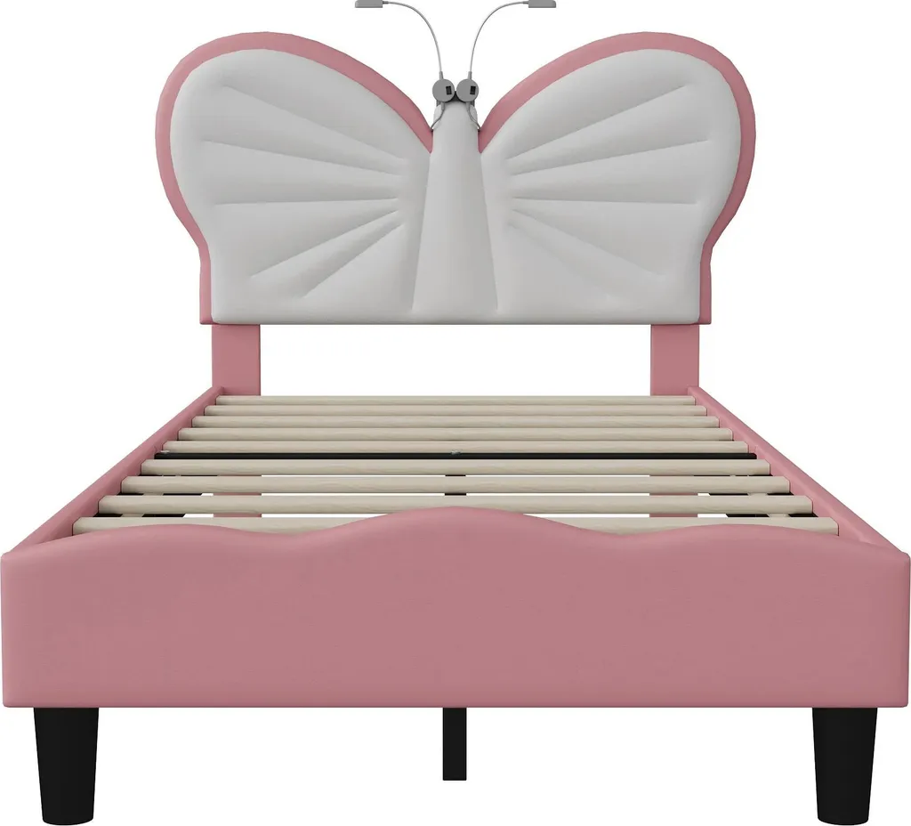 Lit enfant fille 90x200 rose rembourré avec tête de lit réglable