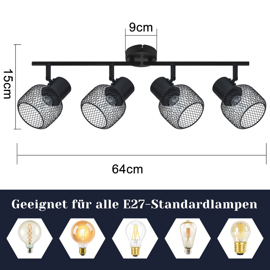 ZMH Deckenleuchte Schwarz Metall 4 Flammig Vintage E27 Produktbild 2