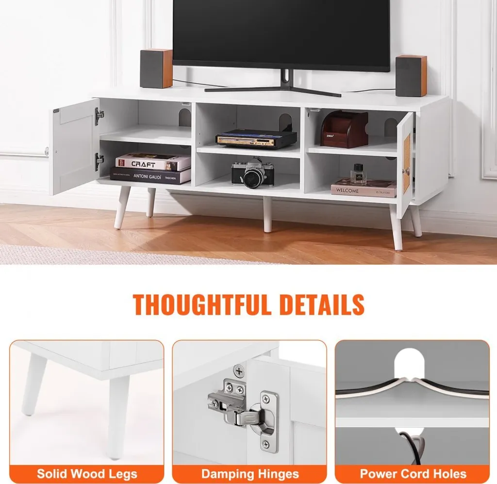 Console TV Rétro Blanche et Rotin - Buffet Bas Bohème avec Rangement 140cm