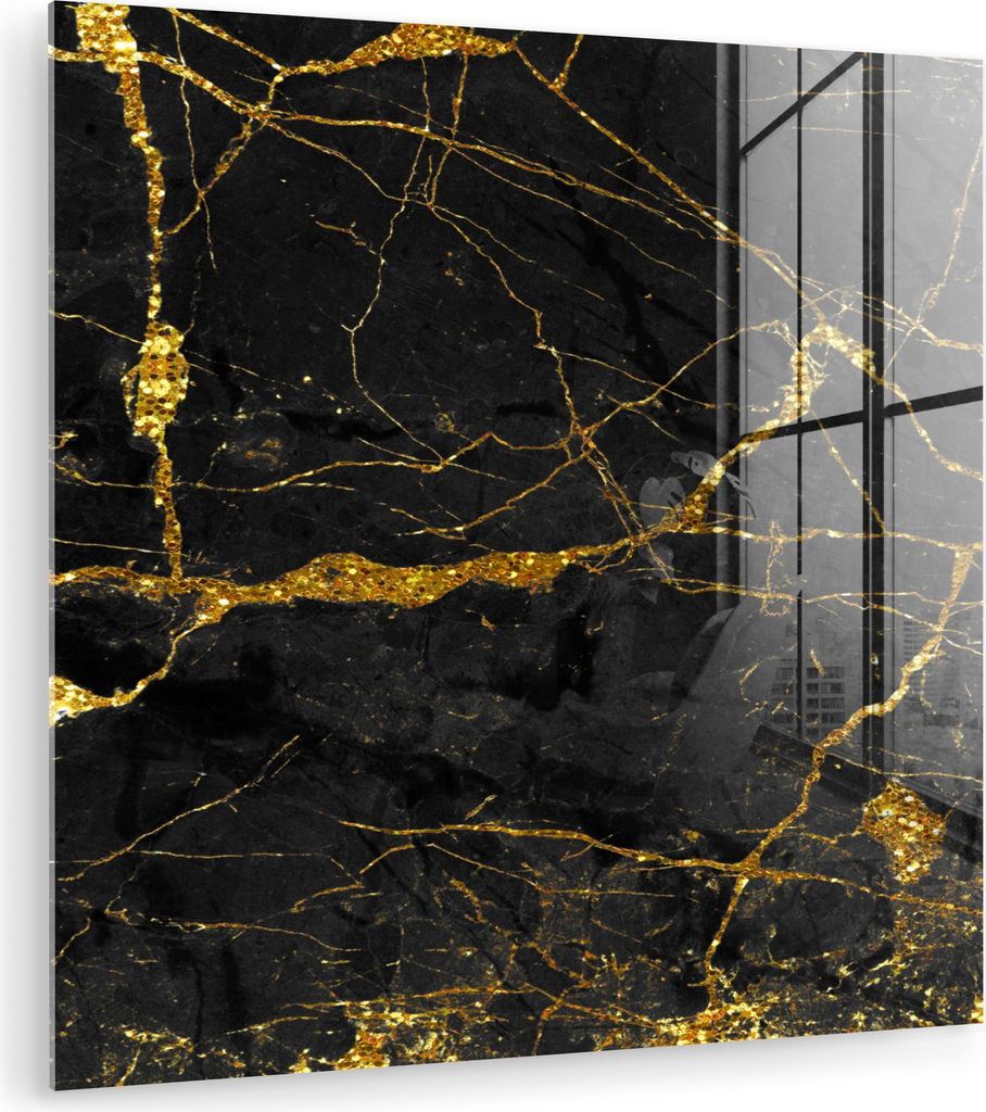 MuchoWow Glasbilder - Bilder auf Wandbild - Foto auf Glas Marmor - Gold - Schwarz - Marmoroptik - Luxe - Glitzer 50x50 cm Wanddekoration aus Glas -...