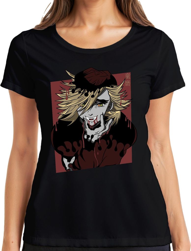 Vampir Anime Blond blut tropfend Fänge gelbe Augen Halloween Damen T-Shirt, Schwarz, XXL