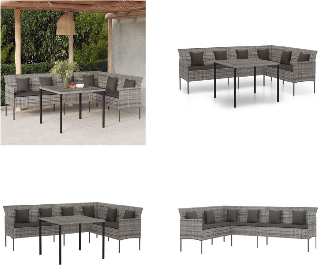vidaXL 2 tlg. Garten Essgruppe mit Kissen Grau Poly Rattan - Garten-Essgruppe - Garten-Sitzgruppe - Outdoor - Essgruppe