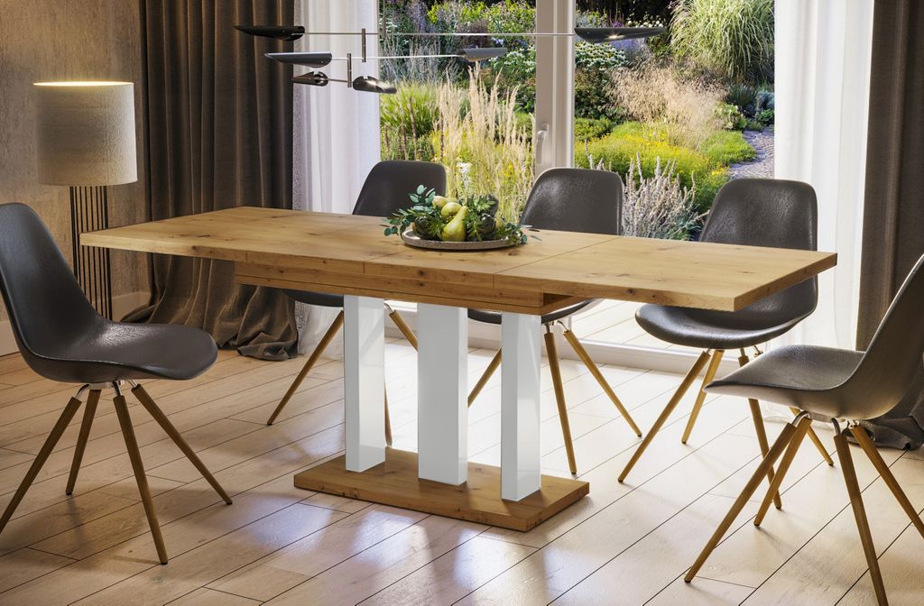 Endo-Moebel Esstisch "Appia White" 130cm - 210cm erweiterbar ausziehbar Säulentisch Küchentisch (Artisan Eiche)