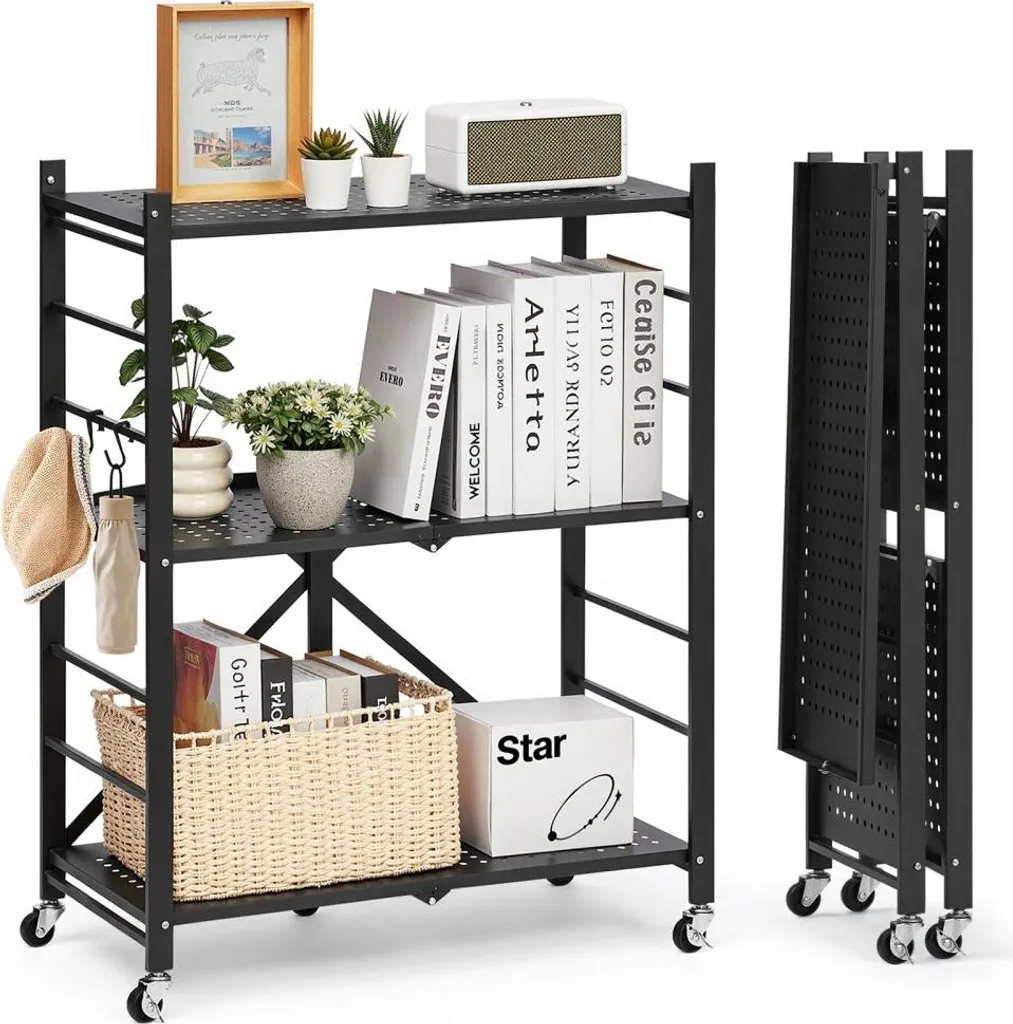 Étagère pliable robuste 3 étages noir - Montage sans outil 71x91 cm