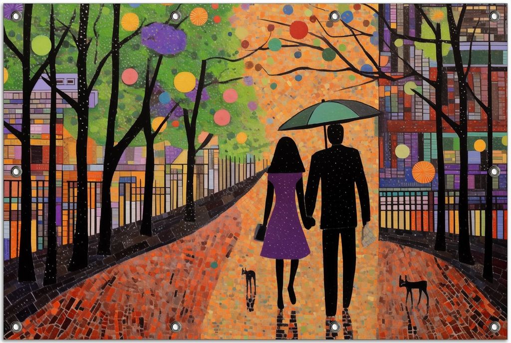 Wallario Outdoor-Poster für Garten oder Balkon, Motiv Spaziergang unter Farbklecksen, in ca. 80 x 120 cm