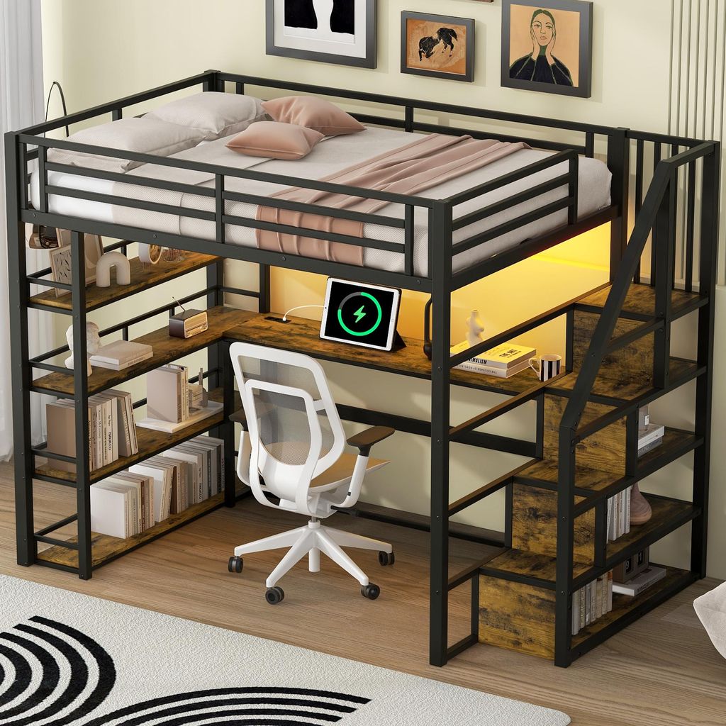 MODFU Hochbett 140x200 mit LED-Licht und USB-Ladestation ,Bettgestell Jugendbett mit Schreibtisch,ohne Matratze,Holzbett Kinderbett,Schwarz