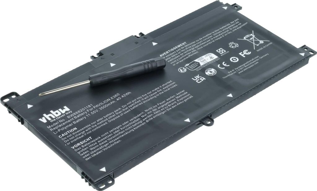vhbw Akku kompatibel mit HP Pavilion X360 14-BA001NS, 14-BA000UR, 14-BA001NK, 14-BA000, 14-BA000NF Notebook (3500 mAh, 11,55 V, Li-Polymer)