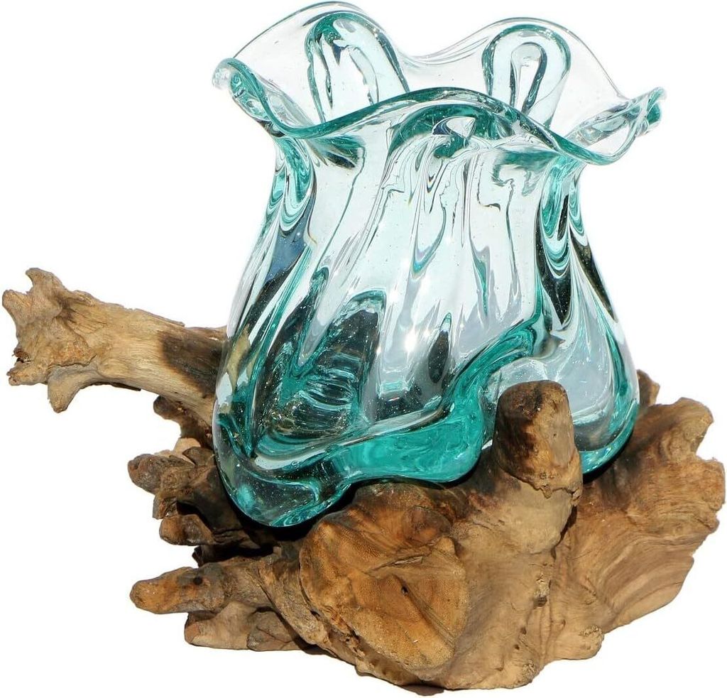 Wogeka - Glas-Vase auf Wurzel-Holz Ø Glas 12-14 cm Teakholz Gamal Pott M