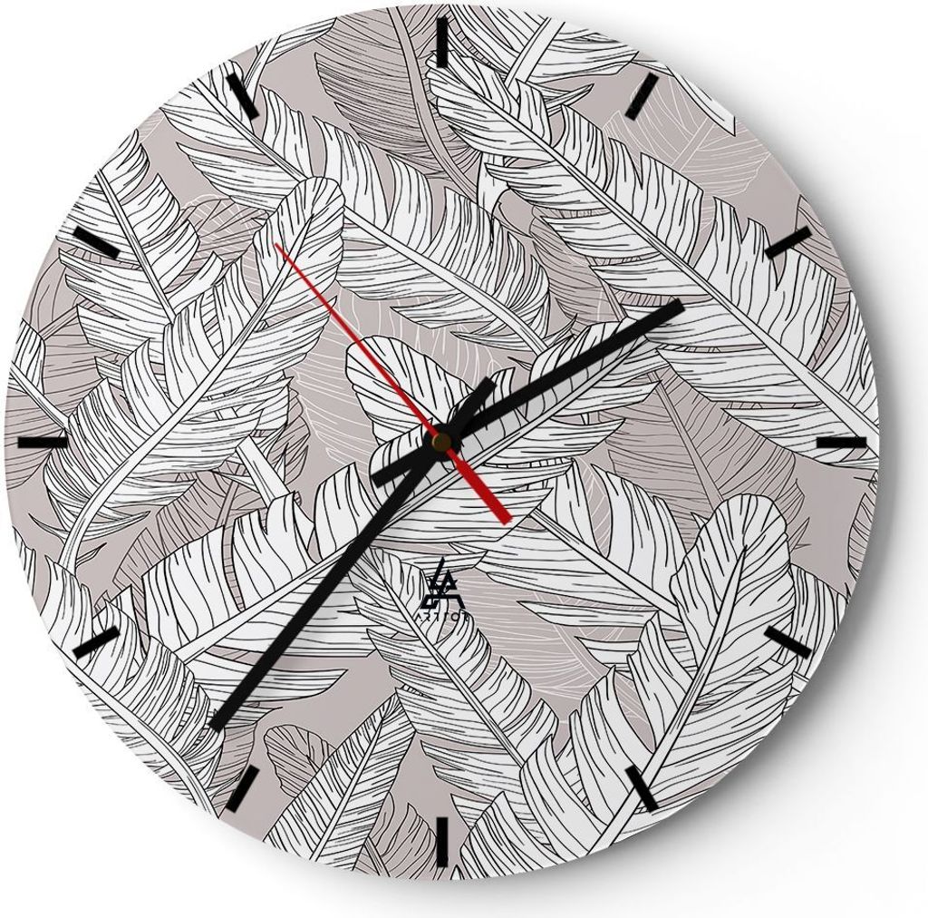 Wanduhr - Rund - Glasuhr - Feder Grafiken - 40x40cm - Schleichendes Uhrwerk - Lautlos - zum Aufhängen bereit - Dekoration Modern - Wanddekoration ...
