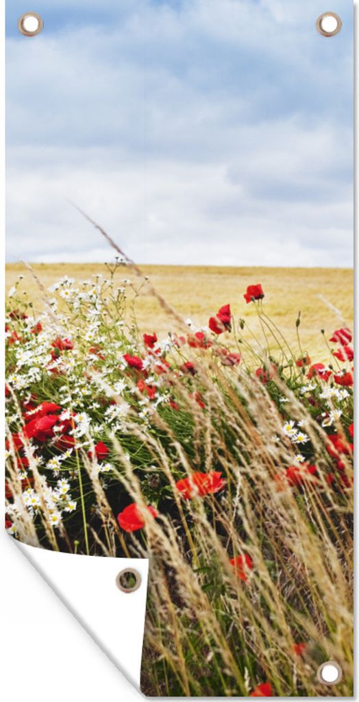 MuchoWow 40x80 cm Outdoor-Poster Gartendeko Sichtschutz Garten Poster für den Garten Wolken - Blumen - Rot